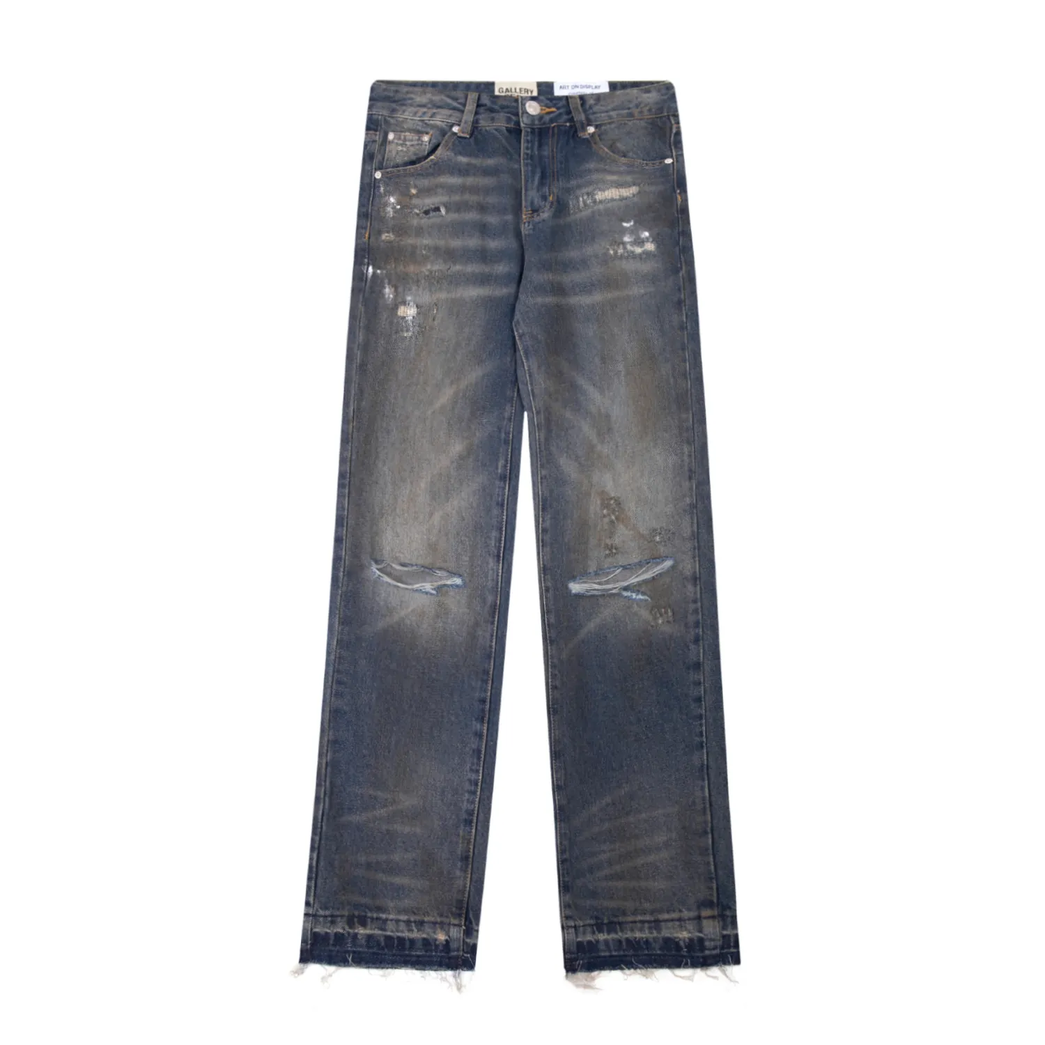 655#Gallery Dept New Retro Splashed Ink Hole Embroidery Washed Small Straight Leg Jeans American High Street Casual Trousers Washed Blue S～XL P240